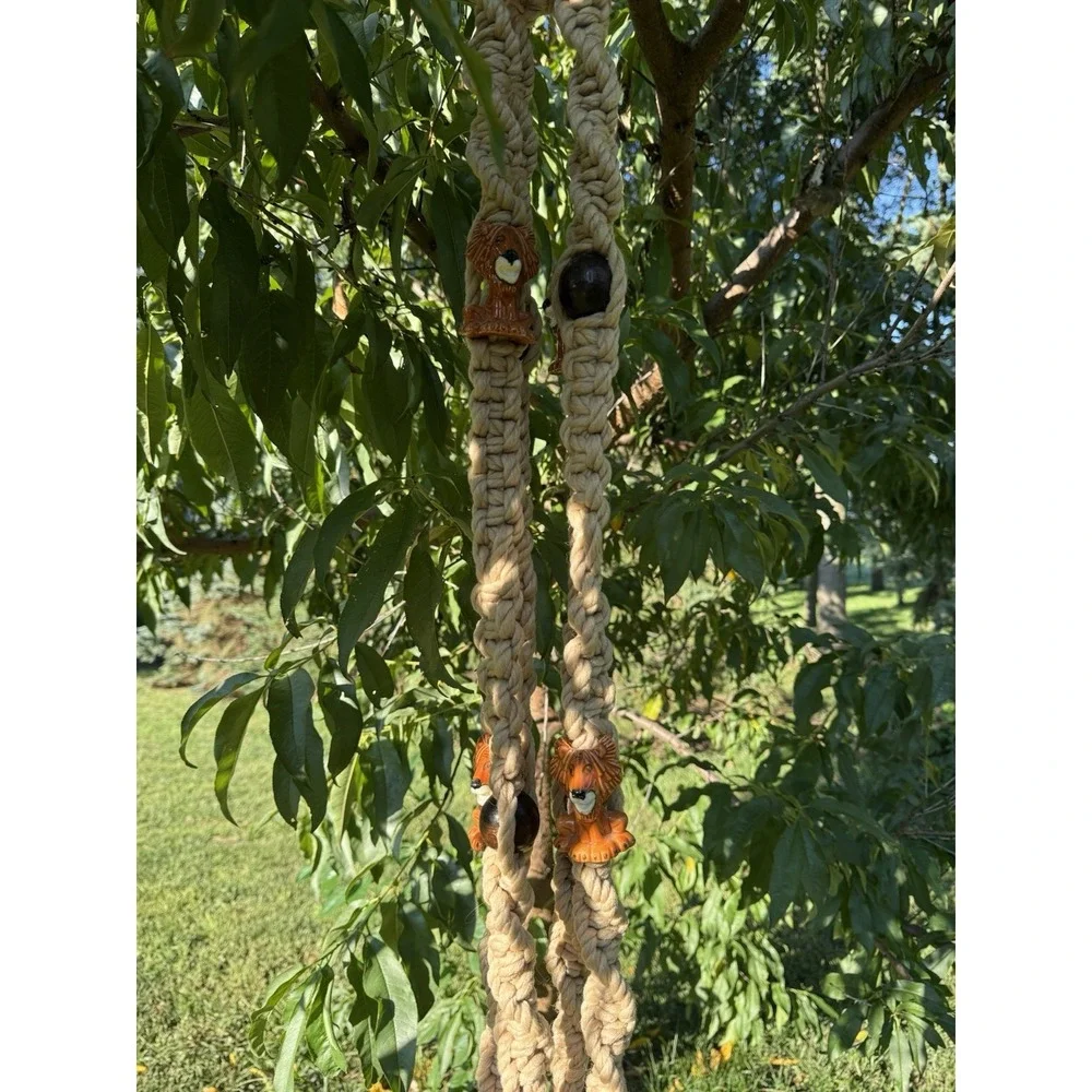 Vintage Macrame Plant Hanger Lion Mcm Animal Beads Ceramic Jungle XL 65
